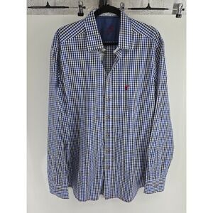 OS Trachten Mens Blue Gingham Check Cotton Button Down Shirt Stag Logo 43/44